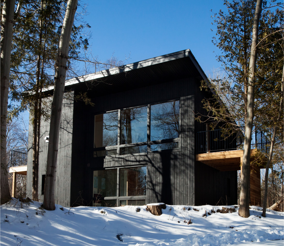 Exterior of a black wooden house with patio surrounded by trees in the winter.