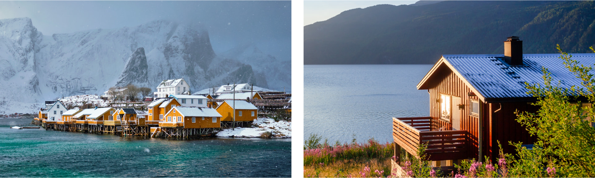 Two images of waterfront buildings overlooking a body of water in the winter and summer.